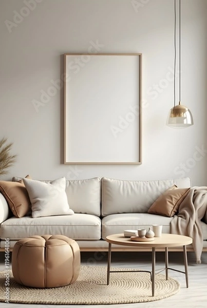 Fototapeta Modern Boho living room interior style. Empty wall mock up. Wall art. wall background. 3d rendering, 3d illustration