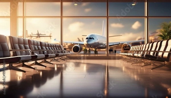 Obraz A modern airport terminal with a spacious waiting area, featuring empty seats and a large window showing an airplane outside in the golden light.