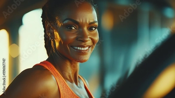 Obraz A smiling woman in an orange tank top looks at the camera during a workout.