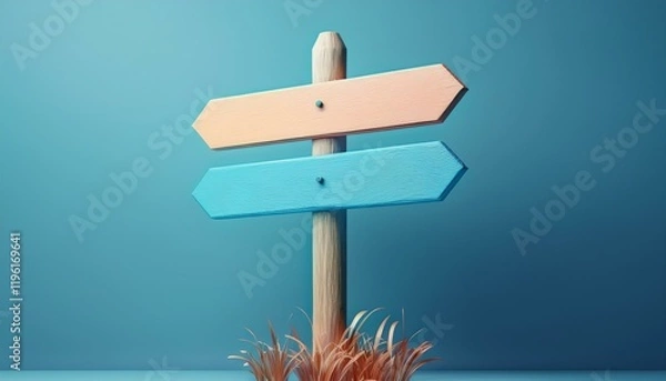 Fototapeta A colorful wooden signpost with two arrows pointing in different directions, set against a blue background with grass.