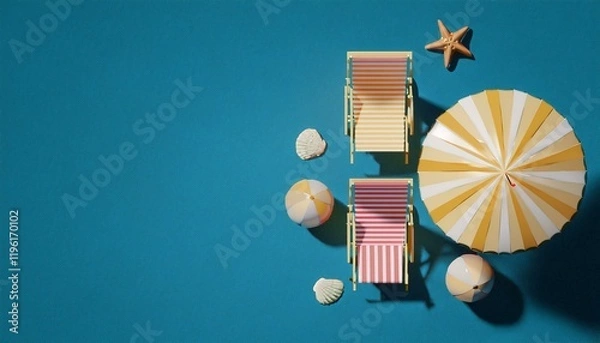 Fototapeta A vibrant beach scene featuring two colorful deck chairs, a large striped umbrella, seashells, and a starfish against a blue background.