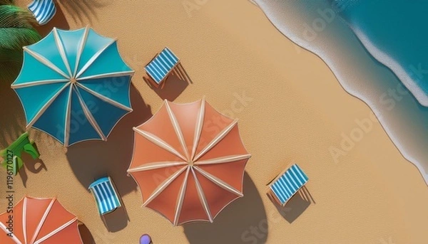 Fototapeta Aerial view of colorful beach umbrellas and lounge chairs on sandy shore, near calm blue waves, creating a vibrant summer atmosphere.
