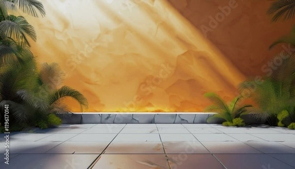 Fototapeta A serene outdoor setting with sunlight filtering through foliage, highlighting a textured wall and stone floor, creating a calm and inviting atmosphere.