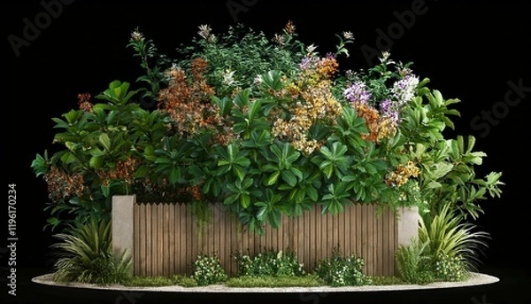 Fototapeta A vibrant, lush garden with colorful flowers and greenery, enclosed by a wooden fence, creating a serene and inviting outdoor space.