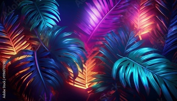 Fototapeta A vibrant arrangement of illuminated tropical leaves in shades of blue, purple, and orange, creating a striking and colorful backdrop.