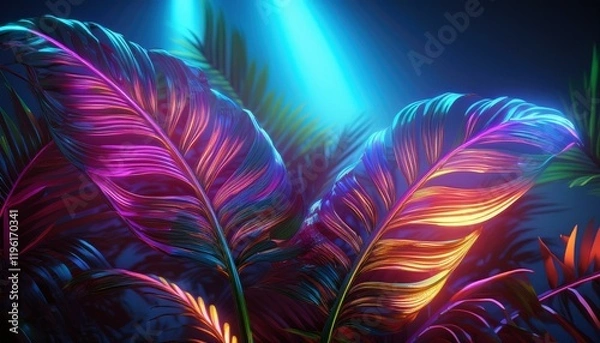 Fototapeta A vibrant, illuminated scene featuring colorful tropical leaves against a dark background, enhanced by dramatic lighting effects.
