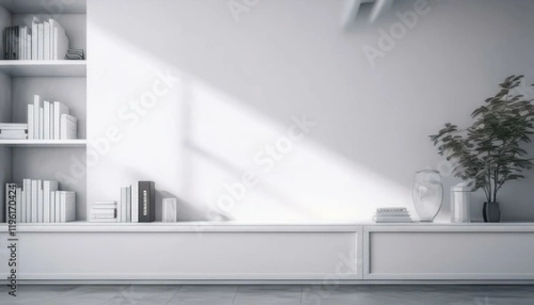 Fototapeta A minimalist interior featuring a white shelf with books, a plant, and soft sunlight creating a serene atmosphere.