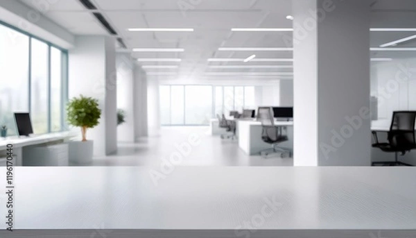 Fototapeta A modern, spacious office interior featuring large windows, bright lighting, and minimalistic design elements.