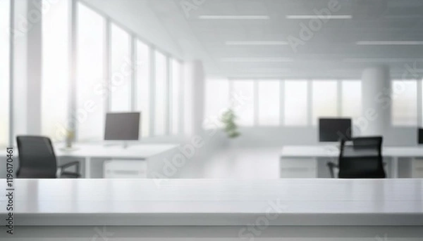 Fototapeta A modern, bright office space featuring empty desks, computers, and large windows allowing natural light to fill the room.