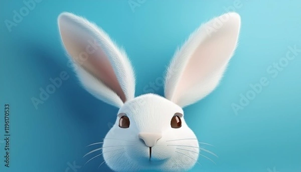Fototapeta A cute, animated rabbit with large ears and big eyes against a bright blue background.