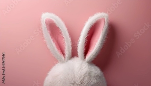 Fototapeta A fluffy white bunny ears against a soft pink background, creating a whimsical and playful visual perfect for themed decor or Easter celebrations.