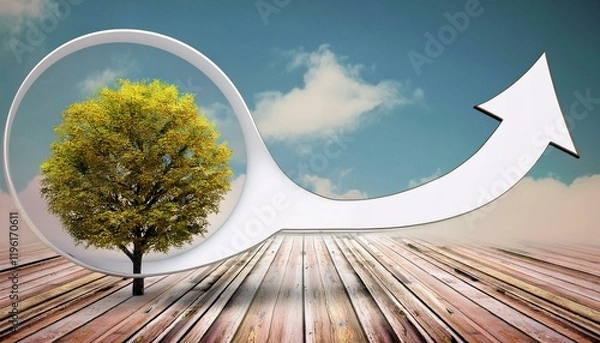 Fototapeta A tree in a circular frame points upward, symbolizing growth and sustainability against a bright sky.