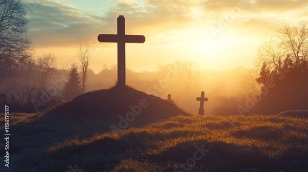 Fototapeta Empty Tomb With Crucifixion At Sunrise - Resurrection Concept