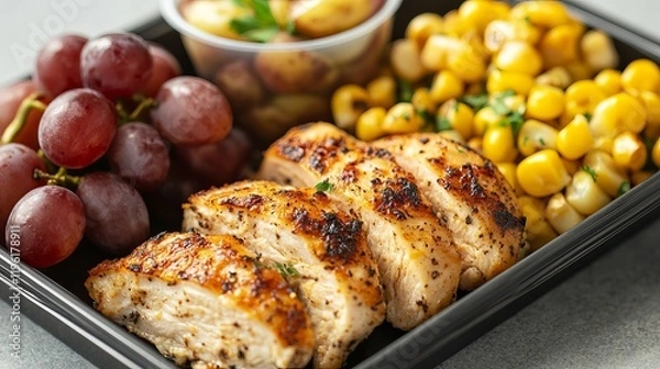 Obraz Grilled chicken breast with corn, grapes, and potatoes.