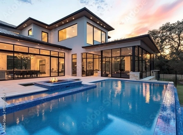 Obraz Beautiful home with luxury swimming pool and fire pit in the backyard of a modern American-style house