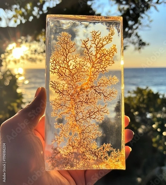 Obraz A hand holds up a clear block with a delicate, golden-colored coral preserved inside.