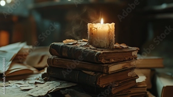 Obraz A single candle illuminates a stack of old, worn books, creating a cozy and atmospheric setting.