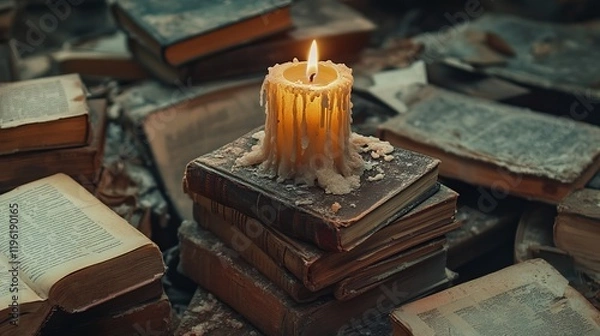 Obraz A flickering candle illuminates a stack of old, worn books.
