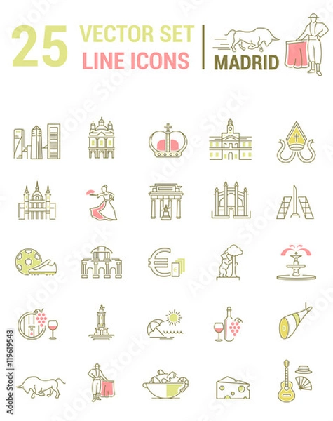 Fototapeta A set of graphical linear and flat icons with symbols of Madrid.