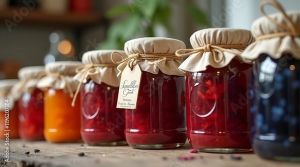 Obraz A charming display of homemade jam jars lined up on a rustic wooden table, showcasing a variety of colorful jams, including strawberry, raspberry, and blueberry