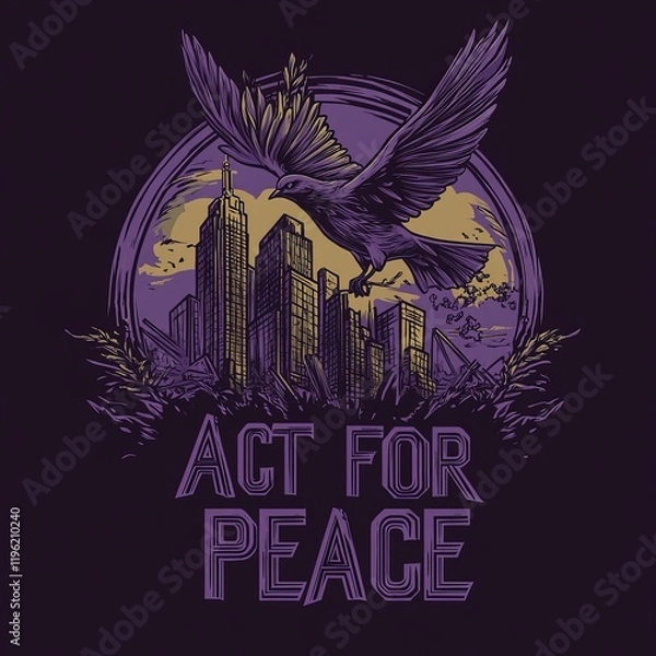 Obraz Dove of peace soaring above a city skyline, urging us to "Act for Peace".
