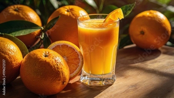 Fototapeta A close-up of a glass of fresh orange juice, showcasing its vibrant color and texture, with oranges in the background, ideal for promoting healthy beverages and summer vibes