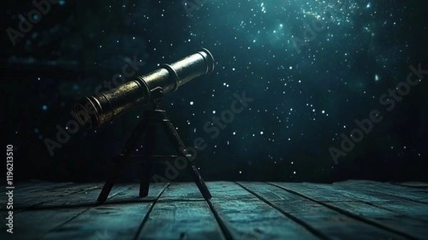 Fototapeta A brass telescope pointed towards a dark starry sky, a sense of mystery and wonder.