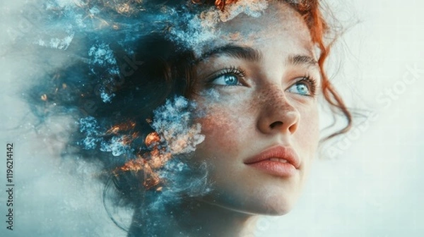 Fototapeta Surreal portrait of a woman with abstract elements merging into her features, showcasing creativity and transformation.