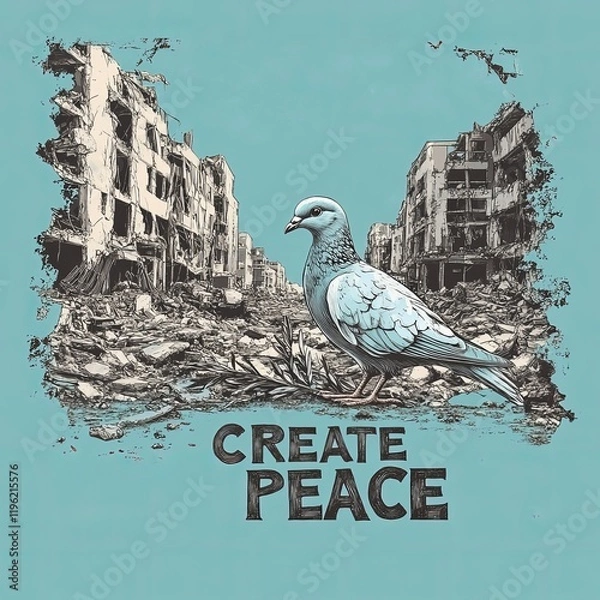 Obraz A dove stands amidst the rubble of a war-torn city, a powerful symbol of peace and hope.