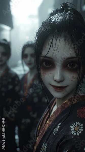 Obraz A young woman in a traditional kimono stares intently at the camera with a sinister smile.