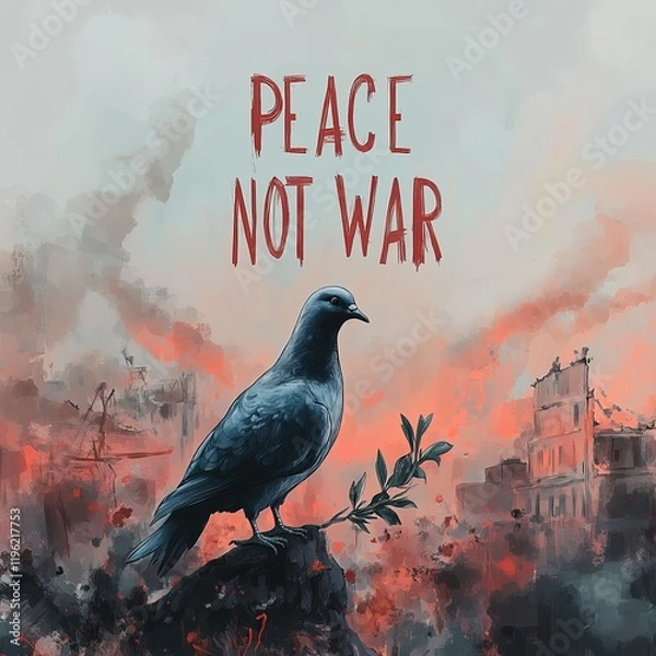 Obraz A dove with an olive branch perches on a rock, symbolizing peace amidst a war-torn cityscape.