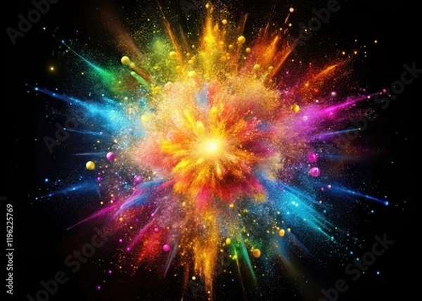 Fototapeta Particle Explosion Photography: Vibrant Light Burst, Dark Background, Abstract Art, Product Photo