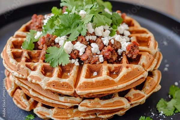 Fototapeta Nicely stacked pizza waffles topped with spicy chorizo, fresh cilantro, and crumbled feta cheese. (Generative AI)