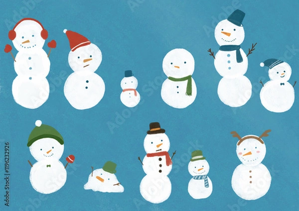 Fototapeta 雪だるまのスケッチ、イラスト、冬のイラスト、冬のスケッチ風イラスト、色鉛筆手書き風、ゆるいイラスト、冬の手書き風イラスト、雪だるまのイラスト