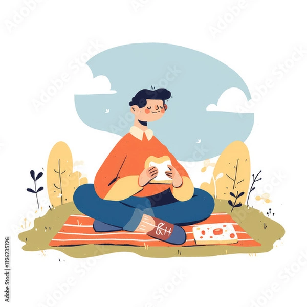 Fototapeta A Flat Illustration of a Man Sitting Cross-Legged in a Peaceful Moment of Reflection
