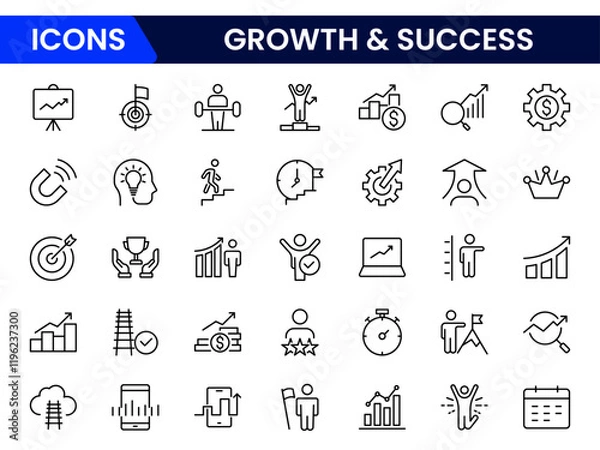 Fototapeta Growth and success line icons collection. Big UI icon set in a flat design. Thin outline icons pack. Vector illustration