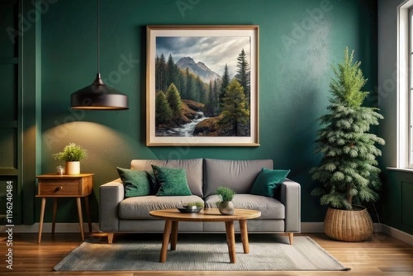 Fototapeta Elegant Scandinavian living room: dark green walls, framed art, cozy warmth.