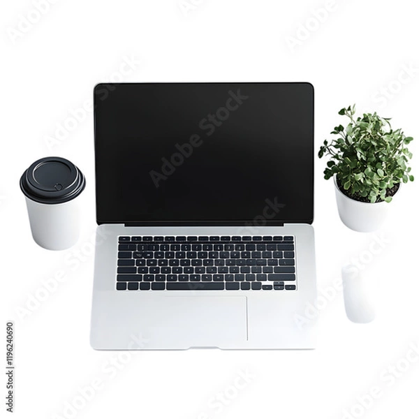 Fototapeta Minimalist workspace with a laptop and mouse, small potted plant and a coffee cup png photo