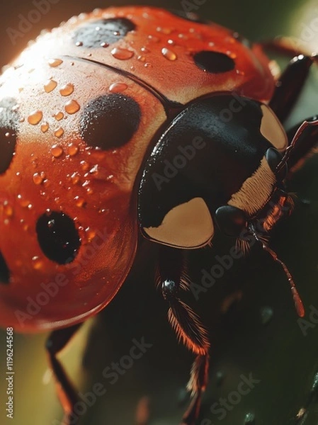 Obraz A close-up of a ladybug with water droplets on its shell.