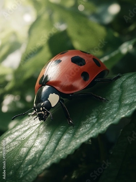 Obraz A ladybug crawls across a green leaf in a sun-dappled forest.