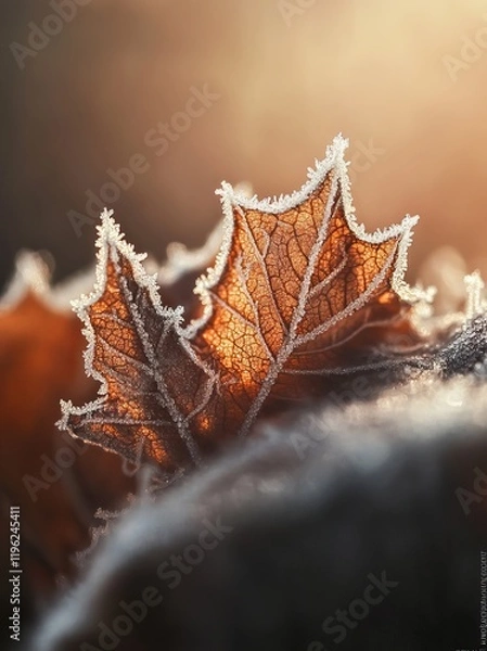 Obraz A frost-covered leaf shimmers in the morning light, creating a delicate winter scene.