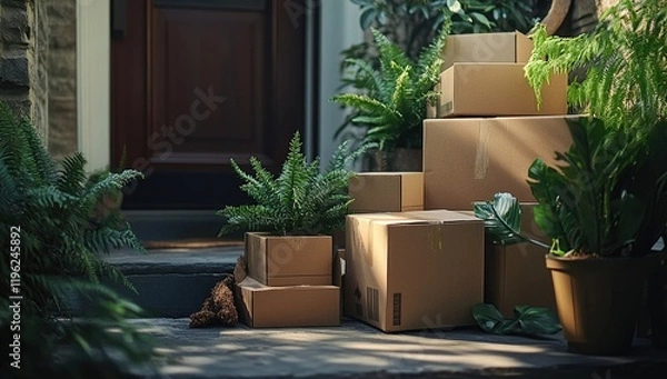 Fototapeta Cardboard Boxes Arrive at House, Surrounded by Lush Greenery in Sunny Daytime Setting