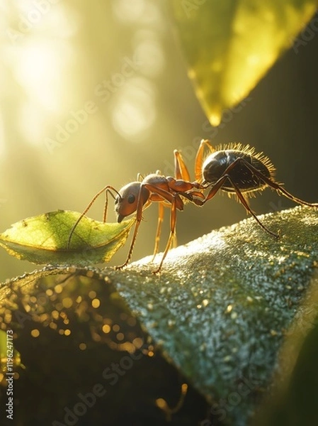 Obraz A close-up of a black ant on a leaf in the sunlight.