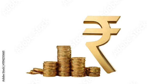 Fototapeta 3D rendering of a golden Indian Rupee symbol (₹) standing beside stacks of golden coins, all on a golden background transparent png