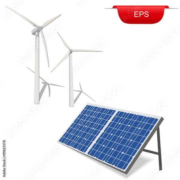 Obraz wind turbines and solar panel, vector illustration