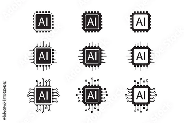 Obraz Artificial intelligence AI processor chip icon. AI processor chip vector symbol. AI system icons set. AI Processor circuit vector set.