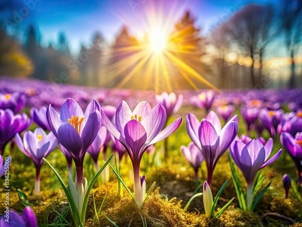 Fototapeta Sunlit purple crocuses fill a miniature meadow, tilt-shift photography captures its charming scale.