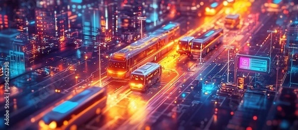 Fototapeta Futuristic Cityscape: Autonomous Buses Navigating Smart Roads