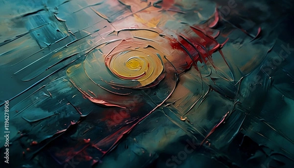 Obraz An abstract painting with thick and textured brushstrokes. The main focus of the painting is a swirling pattern with a yellow center, surrounded by layers of red, orange, and blue.