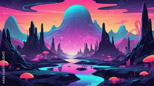 Fototapeta Abstract alien landscape with irregular, organic forms and neon lighting.